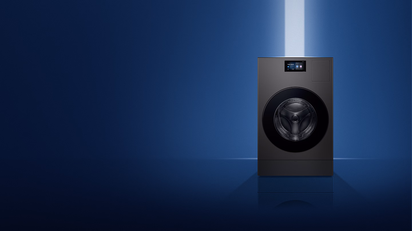 Lavadora Samsung em destaque com mensagem de marca preferida em 18 países.