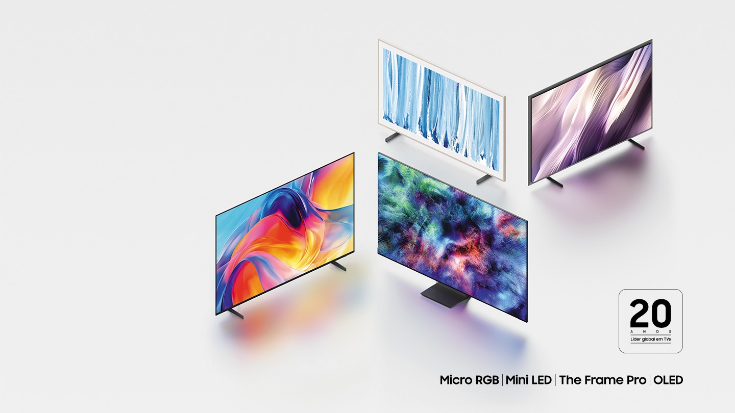 Imagem que apresenta quatro modelos de TV da Samsung (Micro RGB, Mini LED, The Frame Pro e OLED) exibidos em perspectiva, cada um mostrando uma obra de arte diferente na tela. No canto inferior direito, um selo destaca os 20 anos de liderança global no mercado de TVs.